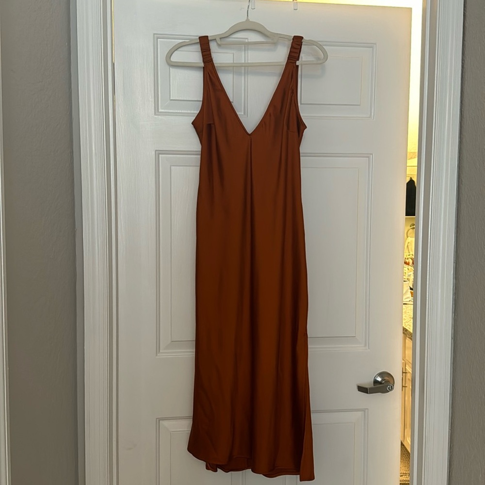 Burnt fall orange silk dress low back with slit